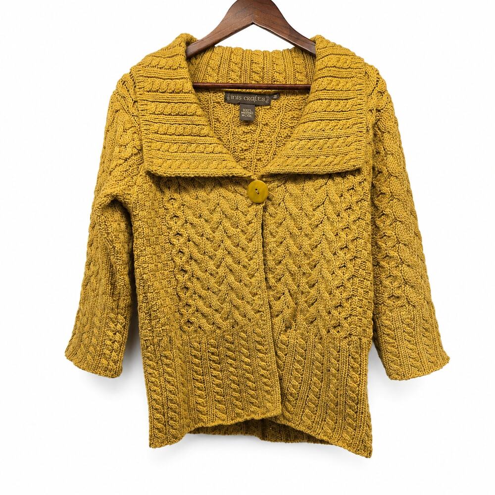 Inis Crafts Merino Wool Cardigan M Mustard Aran Cable Knit Irish Sweater